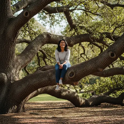 Radiant South Asian Woman Laughing Comfortably on Tree Branch