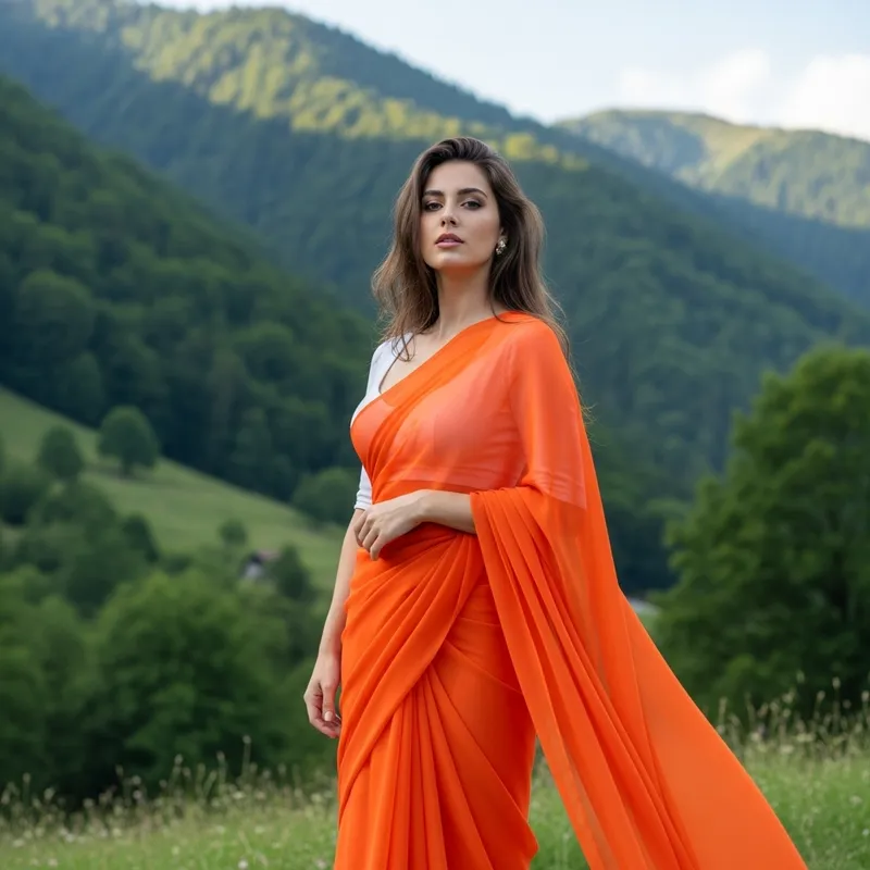 Stunning Slim Woman in Orange Chiffon Saree Stunning Slim Woman in Orange Chiffon Saree