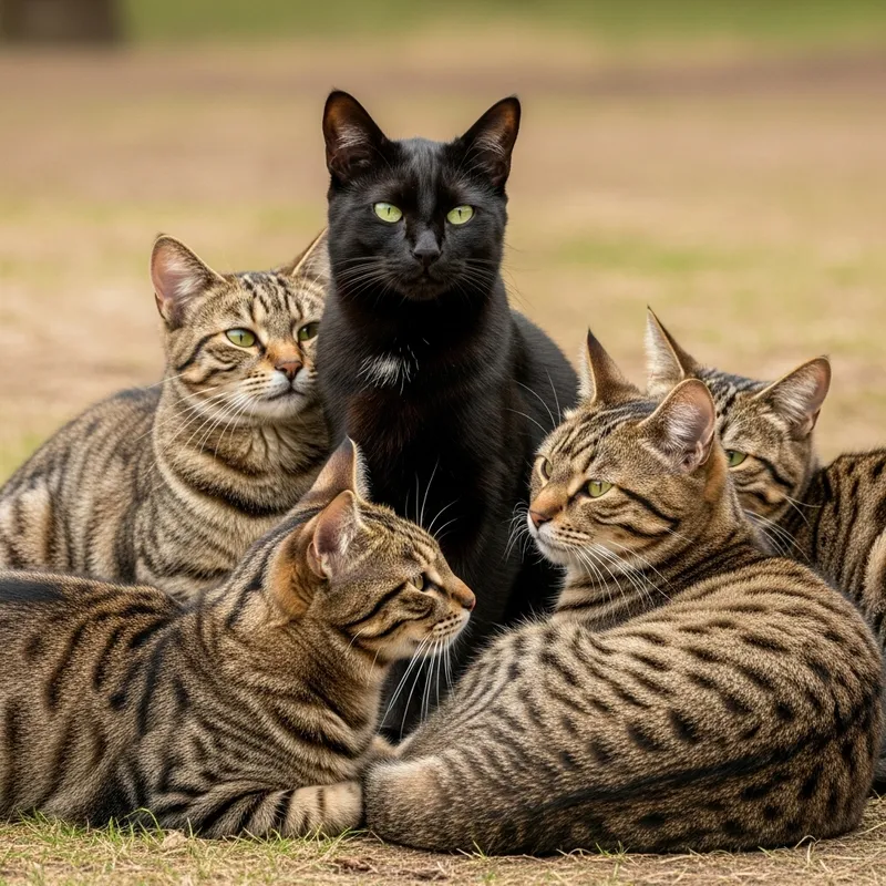Majestic Black Cat with Four Brown Cats in Stripes