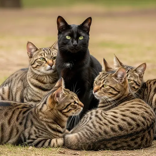 Majestic Black Cat Leading a Clan of Five Furred Felines