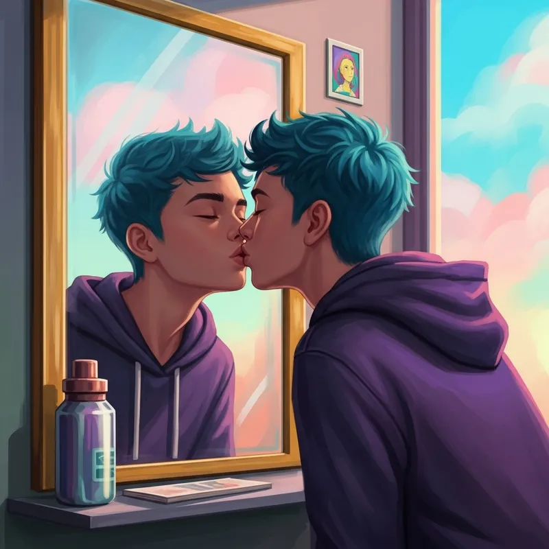 Vibrant Surreal Digital Painting of Teenage Boy Kissing Reflection