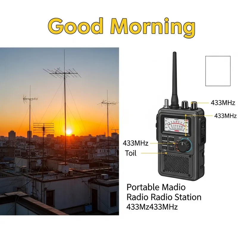 Good Morning Postcard for Radio Amateurs | Sunrise Cityscape & Portable Radio Station