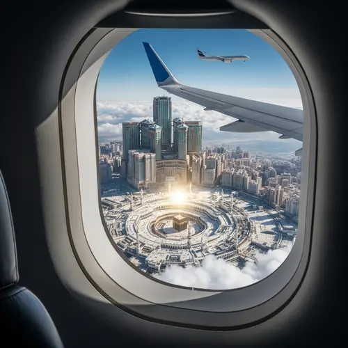 Aerial View of Mecca from Inside Airplane | Kaaba Mosque Spotlight