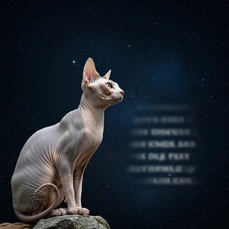 Sphinx Cat Among Stars | Celestial Gaze and Mysterious Script