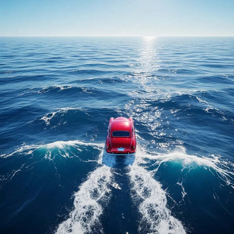 Surreal Vintage Red Car Driving Over Blue Sea