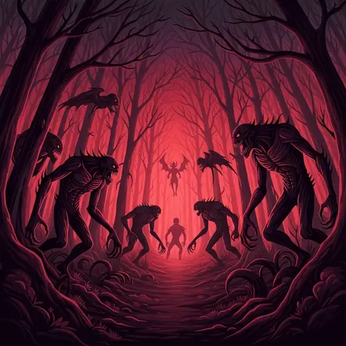 Eerie Forest of Monstrous Creatures - Horror Art