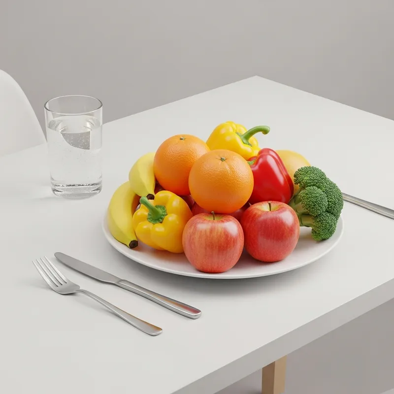 Minimalist Healthy Eating: Simple Table Set-Up with Colorful Fruits & Vegetables