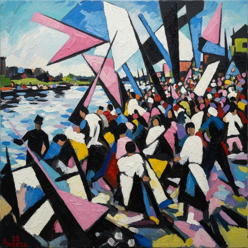 Abstract Crowd by the River - Modern Art & Expression