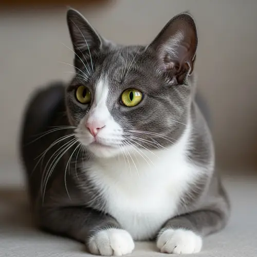 Grey Cat with Striking Yellow Eyes and White Fur Accents