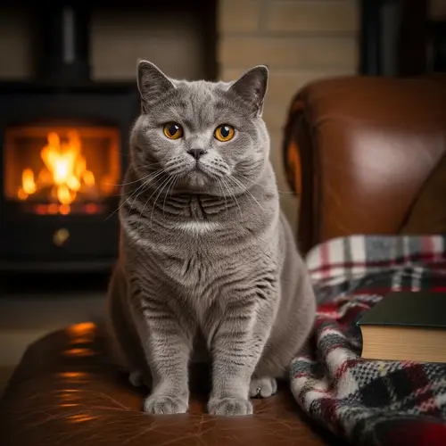Cozy British Shorthair Cat in Blue-Grey Relaxing by Fireplace