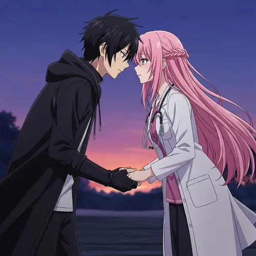 Anime Style Black-haired Male & Pink-haired Female Embrace Scene