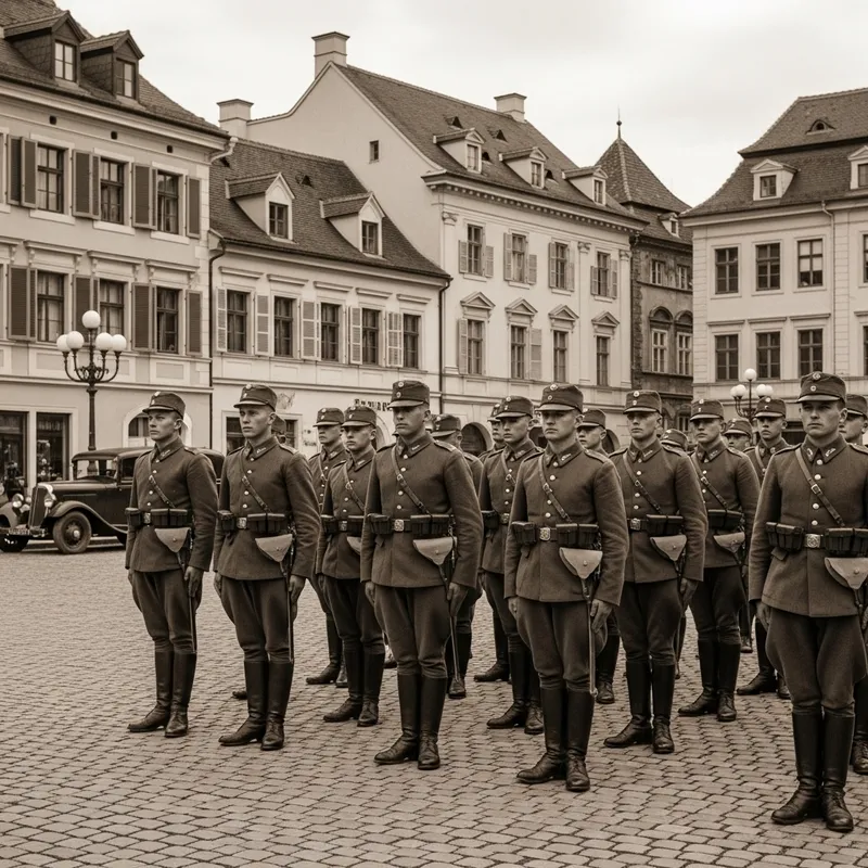 1930s German Military Uniform Details Image | European Town Background