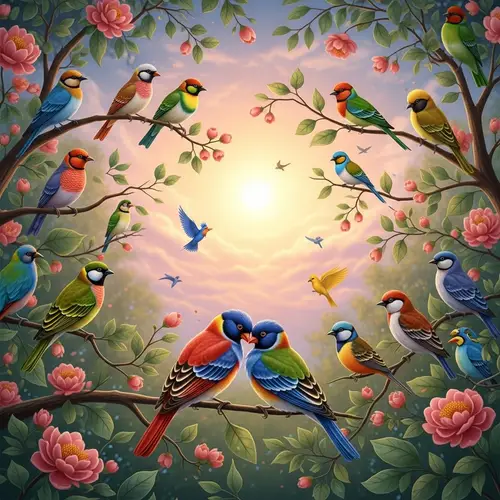 Idyllic Nature Scene with Multi-Colored Birds Perched | Romantic Setting