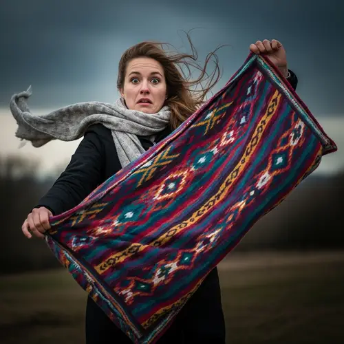 Young Woman Grasping Vibrant Blanket - Photorealistic Scene