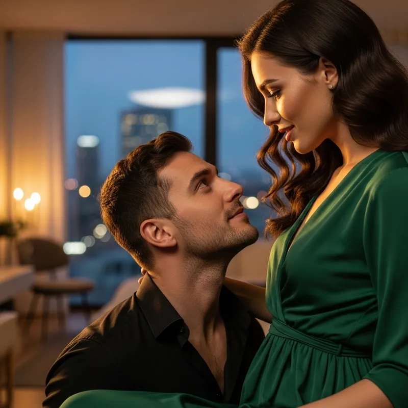 Passionate Man Adoring Woman in Green Attire