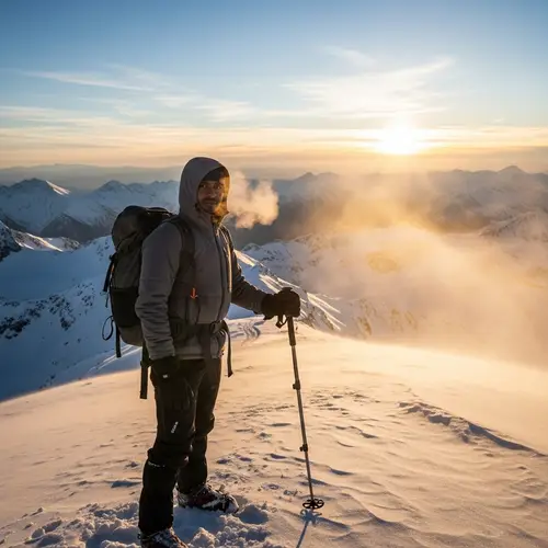 Triumphant South Asian Man Conquers Snowy Mountain Peak