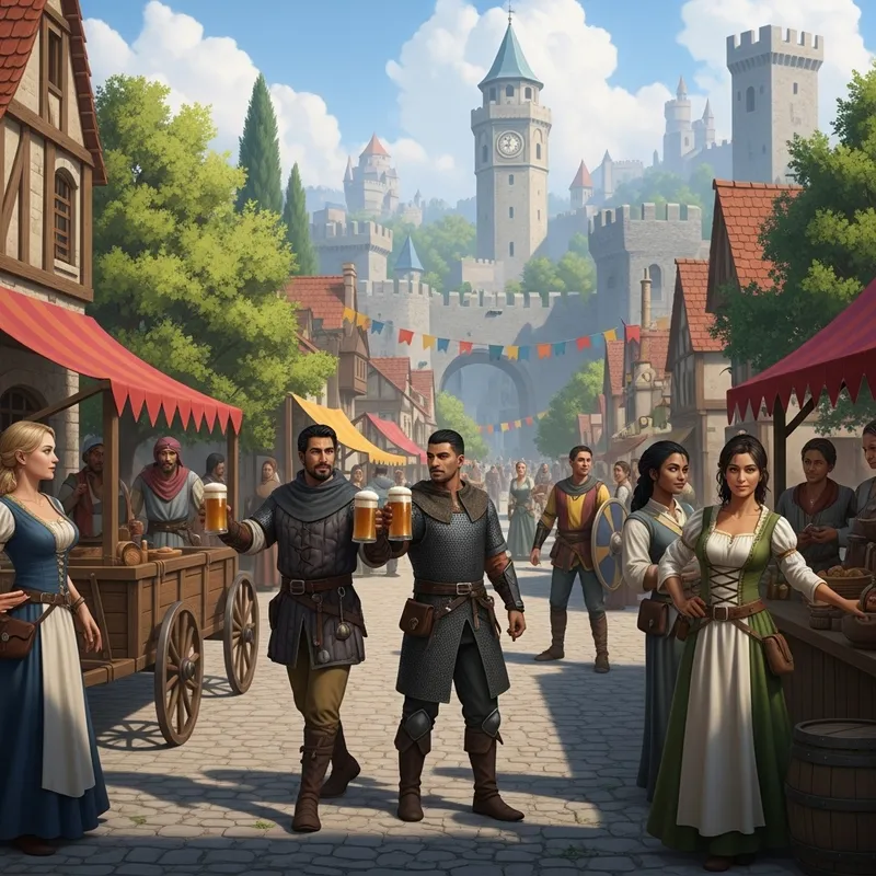 Medieval Cityscape with Crafted Beer, Warriors, Beautiful Women, Wooden Carts, Castles, and More Medieval Cityscape with Crafted Beer, Warriors, Beautiful Women, Wooden Carts, Castles, and More