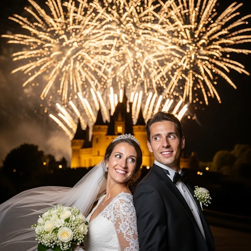 French Bride and Groom at Castle with Spectacular Gold Fireworks Display
