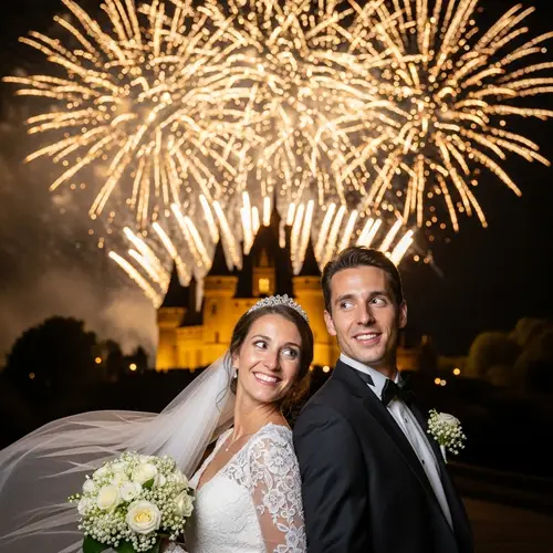 French Bride and Groom at Castle with Gold Fireworks