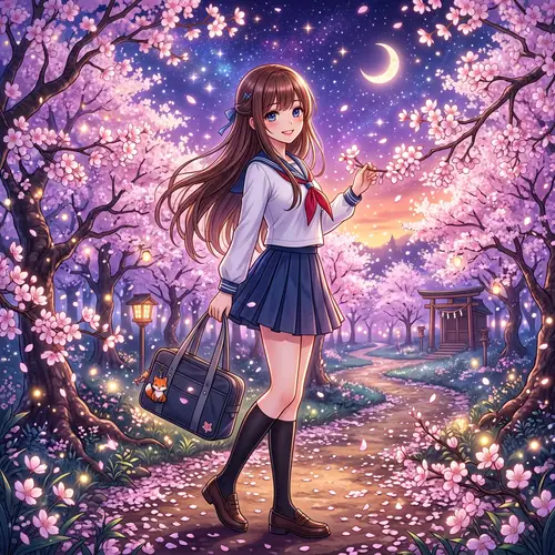 Anime-Inspired Illustration of Young Woman in Magical Forest