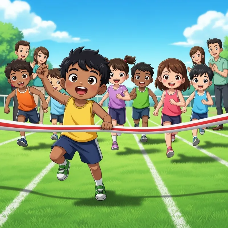 Animated Diverse Kids Foot Race: 5-Year-Old Breaks Tape First