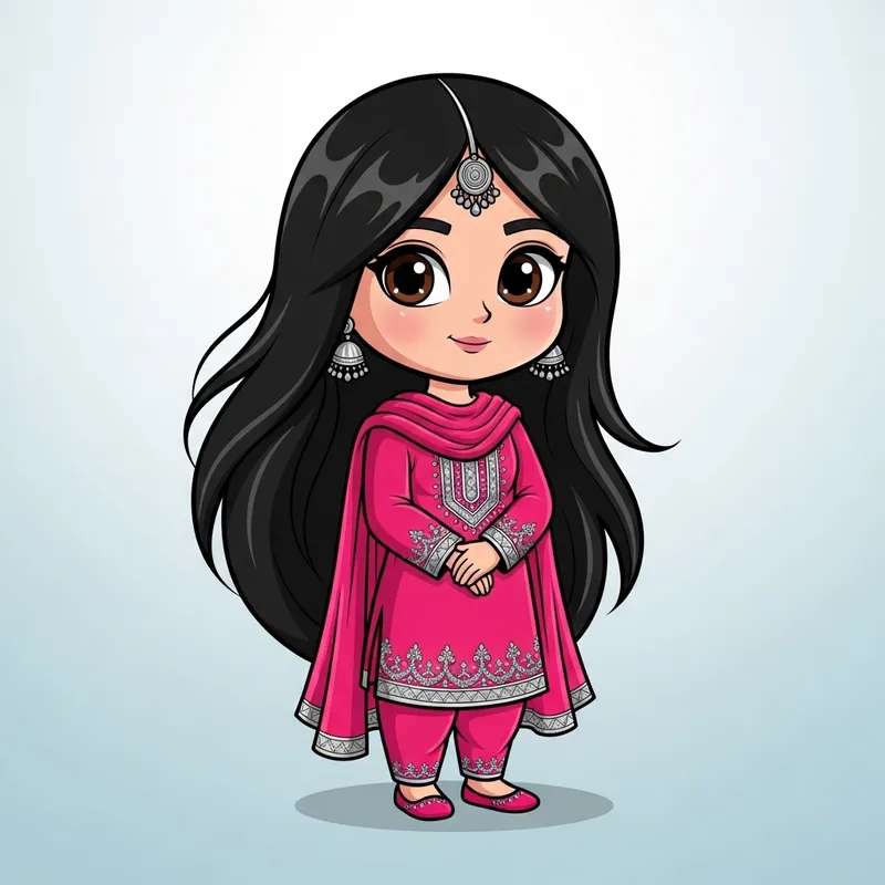 Cute Animated Girl with Long Hair in Pink Shalwar Kameez