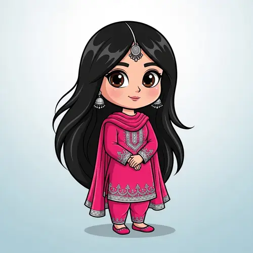 Cartoon Girl with Long Hair in Pink Pakistani Shalwar Kameez