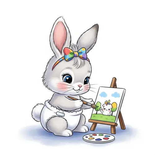 Adorable Baby Rabbit in Hairbow Painting a Cute Picture