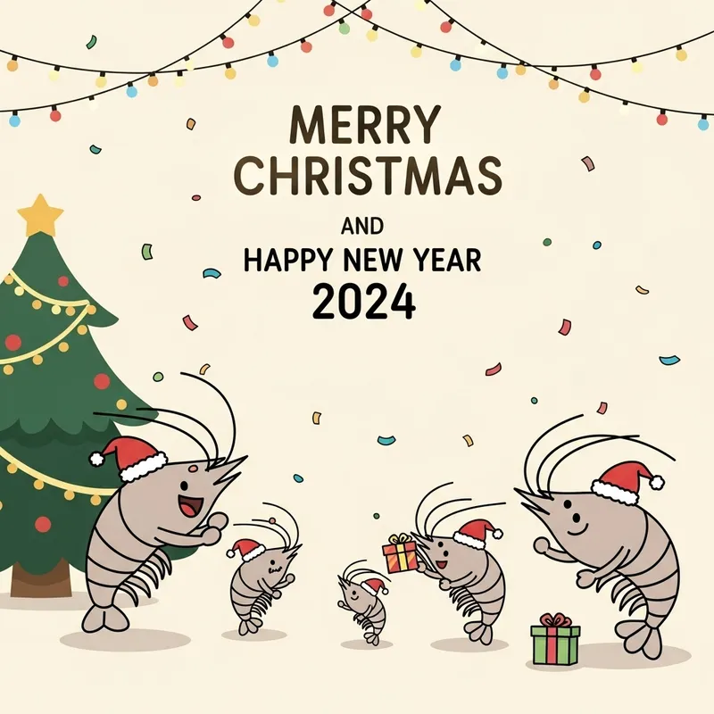 Merry Christmas & Happy New Year 2024 Card - Shrimp Family Celebration