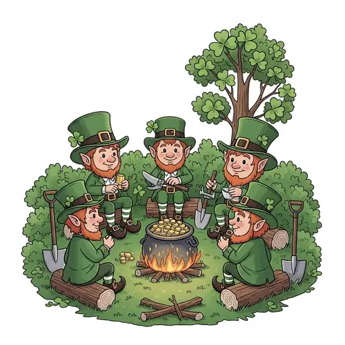 Cheerful Leprechauns by the Campfire in Enchanted Forest