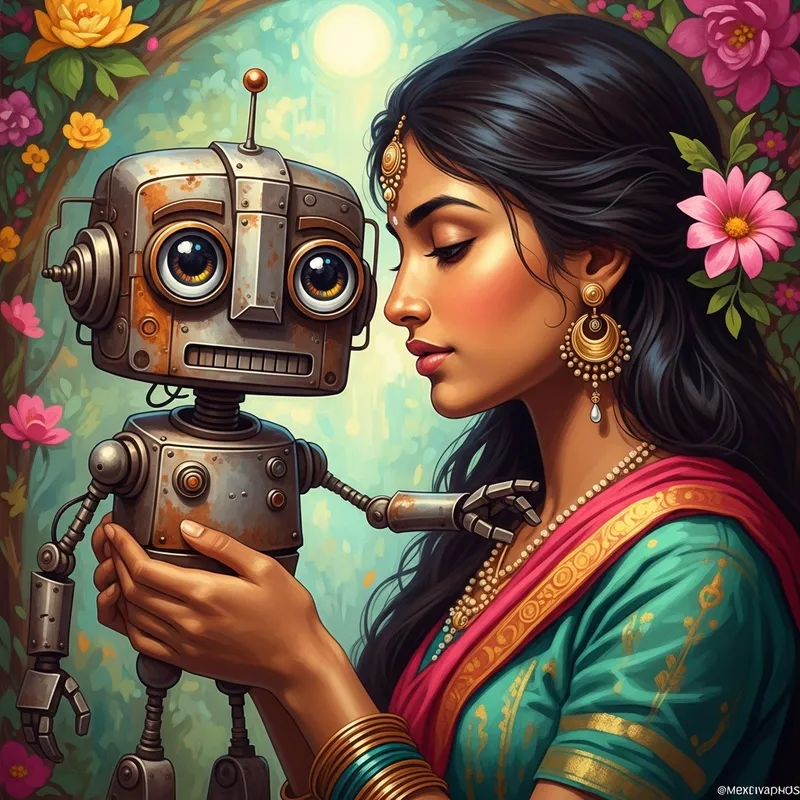 Whimsical Art: Woman with Charming Rusty Robot