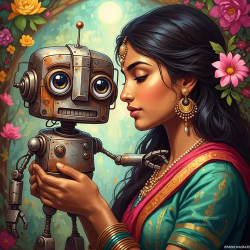 Whimsical Art: Woman with Charming Rusty Robot