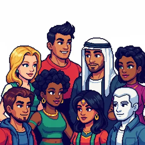 Diverse Pixel Art Characters in Friendly Conversation