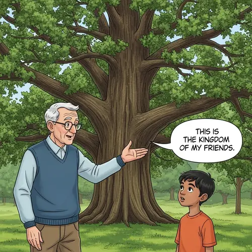 Elderly Man Sharing Wisdom at Ancient Oak Tree