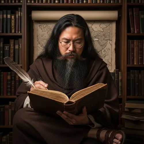 Asian Bearded Man Engrossed in Reading Book