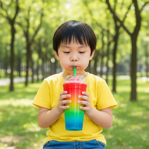 Young Chinese Child Enjoying Refreshing Slurpee in Lush Park