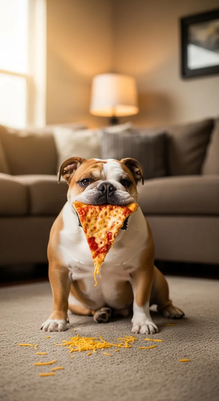 Adorable Bulldog Indulging in Pizza in Cozy Setting