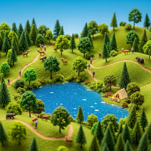 3D Nature Scene Miniature Model with Trees, Lake, and Wildlife