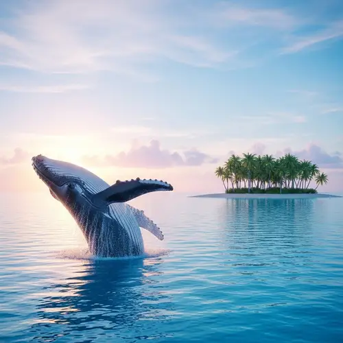 Whale Breaching by a Tropical Island