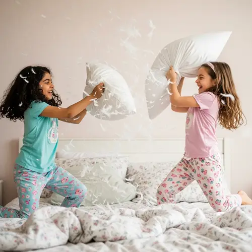 Colorful Pajama Pillow Fight on Big Bed | Dynamic & Joyful Scene