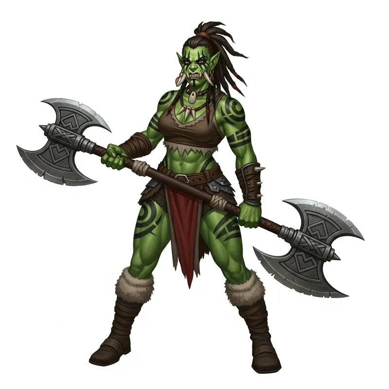 Fierce Half-Orc Woman Warrior with Double Axe - Tribal Fantasy Art
