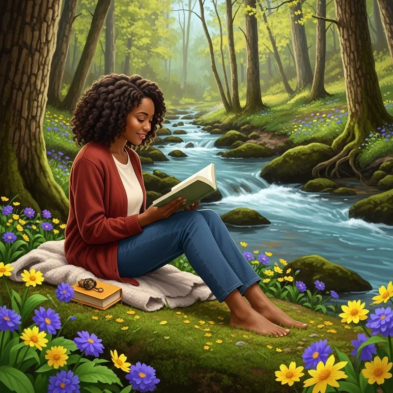 Tranquil Reading Spot: African American Woman in Forest Oasis Tranquil Reading Spot: African American Woman in Forest Oasis