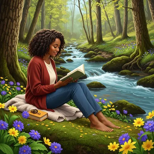 Serenity in Nature: African American Woman Reading Book in Forest