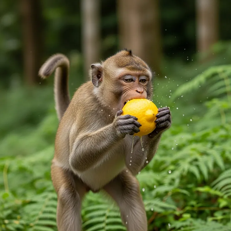 Adorable Monkey Eating Fresh Lemon in Tropical Forest