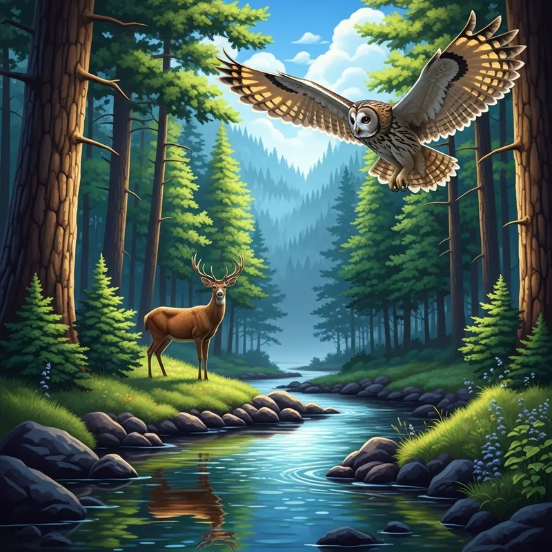 Forest Harmony: Deer, Owl, Stream Interaction
