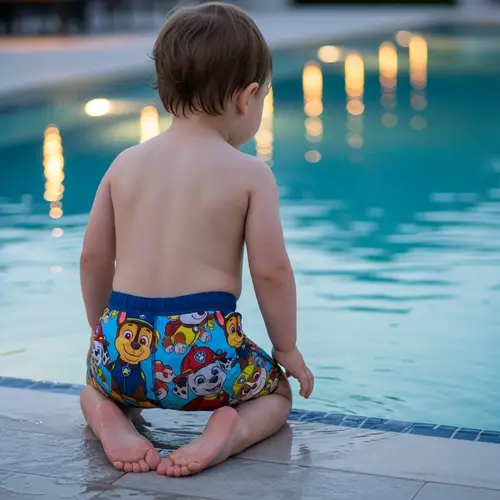 Adorable Toddler in Paw Patrol Swim Shorts at Poolside