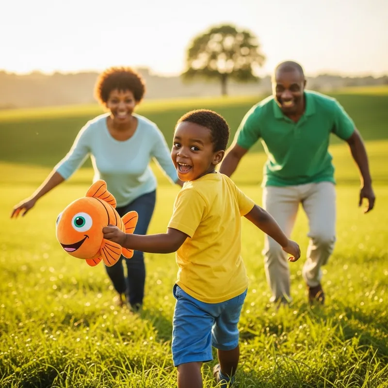 Joyful African Child Running with Cartoon Fish in Grass Field Joyful African Child Running with Cartoon Fish in Grass Field