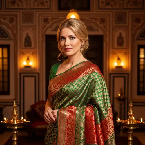 Elegant Caucasian Woman in Multicolored Saree | Traditional Indian Home