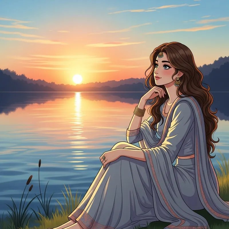 Beautiful Woman by Lake at Sunset
