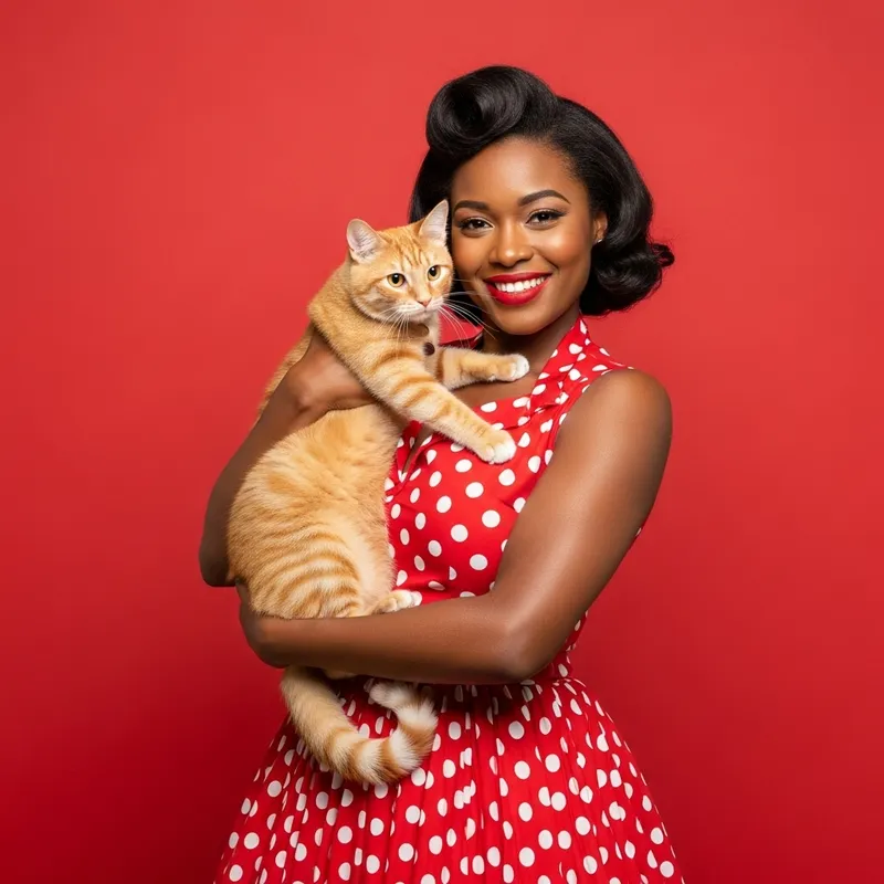 Happy Retro Style Woman Holding a Cat